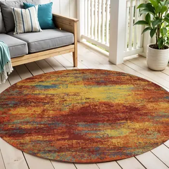 4' Flame Yellow And Orange Round Abstract Indoor Outdoor Area Rug