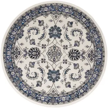 4' Ivory And Blue Round Floral Indoor Outdoor Area Rug