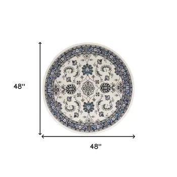 4' Ivory And Blue Round Floral Indoor Outdoor Area Rug