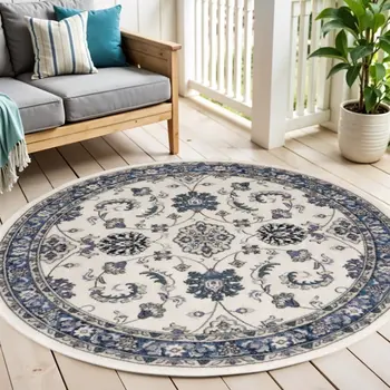 4' Ivory And Blue Round Floral Indoor Outdoor Area Rug