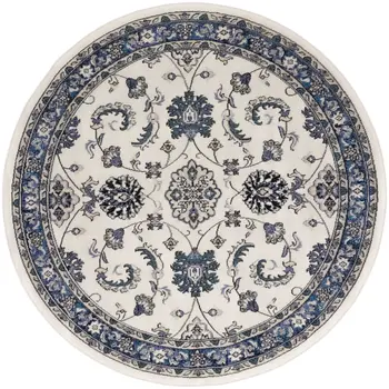 4' Ivory And Blue Round Floral Indoor Outdoor Area Rug