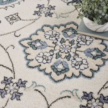 4' Ivory And Blue Round Floral Indoor Outdoor Area Rug