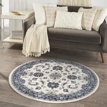 4' Ivory And Blue Round Floral Indoor Outdoor Area Rug