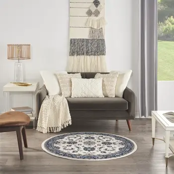 4' Ivory And Blue Round Floral Indoor Outdoor Area Rug