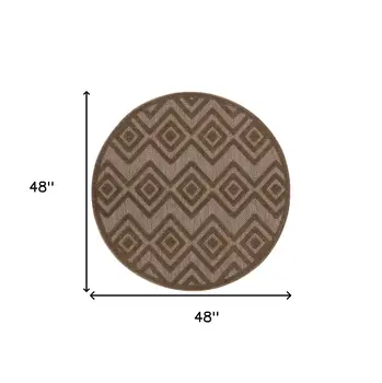 4' Dark Brown And Light Brown Round Geometric Indoor Outdoor Area Rug