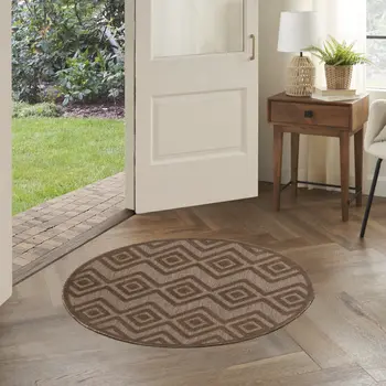 4' Dark Brown And Light Brown Round Geometric Indoor Outdoor Area Rug