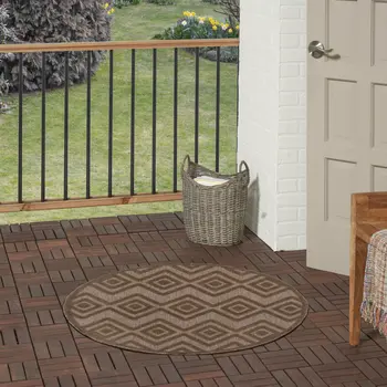 4' Dark Brown And Light Brown Round Geometric Indoor Outdoor Area Rug