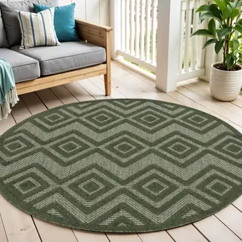 4' Dark Green And Light Green Round Geometric Indoor Outdoor Area Rug