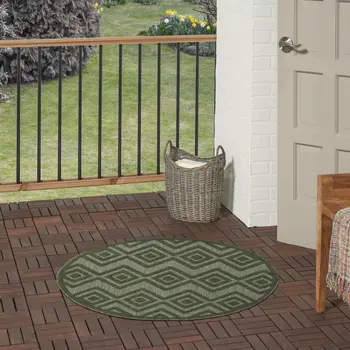 4' Dark Green And Light Green Round Geometric Indoor Outdoor Area Rug