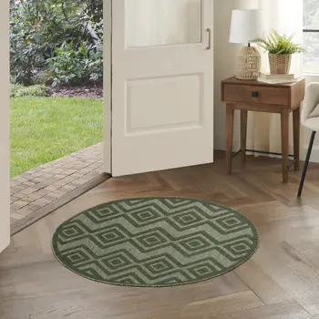 4' Dark Green And Light Green Round Geometric Indoor Outdoor Area Rug