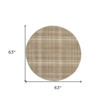 5' Taupe and Ivory Plaid Round Rug