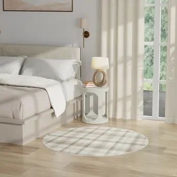 5' Ivory Plaid Power Loom Round Rug