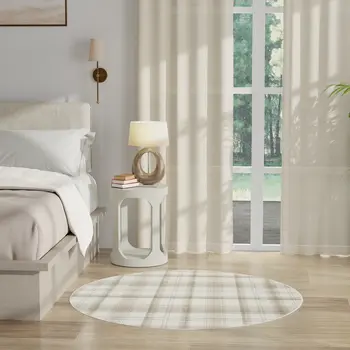 5' Ivory Plaid Power Loom Round Rug