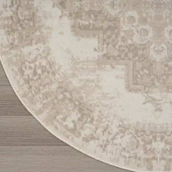 5' Ivory Floral Power Loom Worn Faded Round Rug