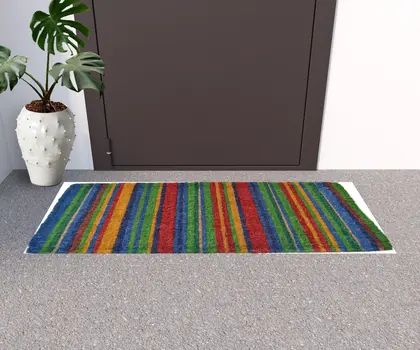 18" X 47" Blue and Green Coir Striped Outdoor Door Mat