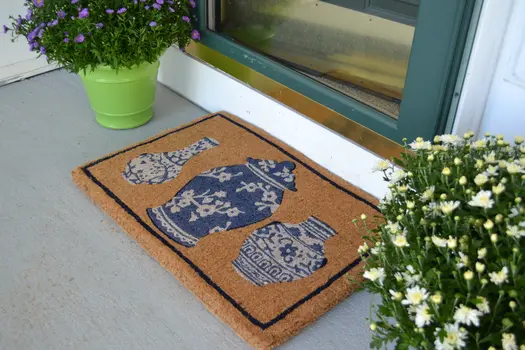 20" X 30" Brown Blue And White Chinoiserie Coir Abstract Outdoor Door Mat