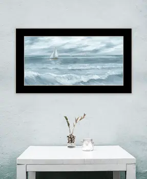 Three Sailboats Ocean Scene Black Framed Wall Art