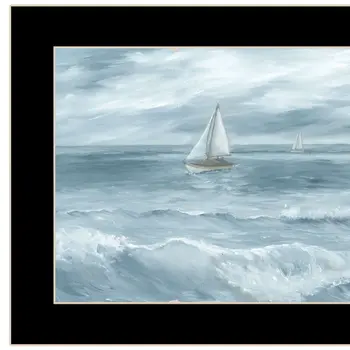 Three Sailboats Ocean Scene Black Framed Wall Art