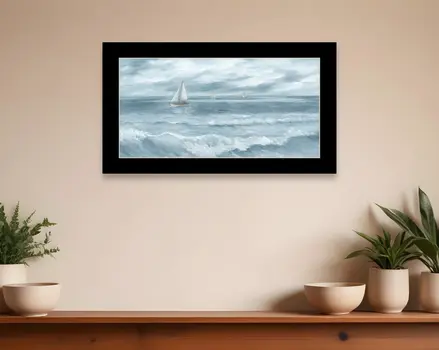 Three Sailboats Ocean Scene Black Framed Wall Art