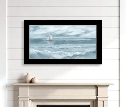 Three Sailboats Ocean Scene Black Framed Wall Art