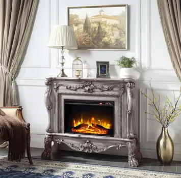 47" Bone Wood Ornate Carved Scrollwork Electric Free Standing Fireplace With Mantle