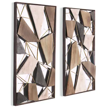 Set of Two Brown and Gold Geometric Wood and Metal Hanging Dimensional Sculptures