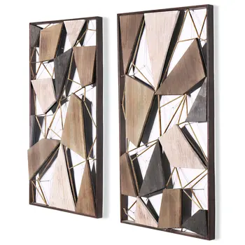 Set of Two Brown and Gold Geometric Wood and Metal Hanging Dimensional Sculptures