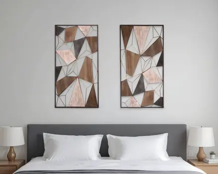 Set of Two Brown and Gold Geometric Wood and Metal Hanging Dimensional Sculptures