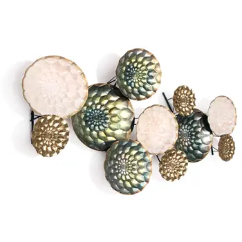 33" X 60" Bronze Gold and Silver Metal Round Disc Hanging Dimensional Sculpture