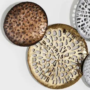 33" X 60" Bronze Gold and Silver Metal Round Disc Hanging Dimensional Sculpture