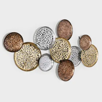 33" X 60" Bronze Gold and Silver Metal Round Disc Hanging Dimensional Sculpture