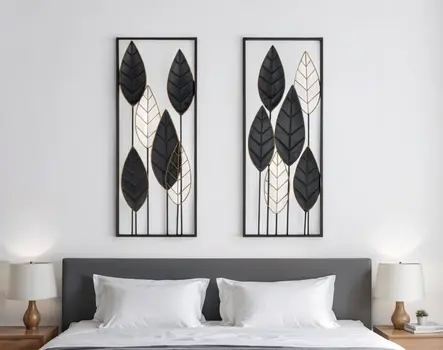 Set of Two Black and Gold Metal Hanging Dimensional Sculpture