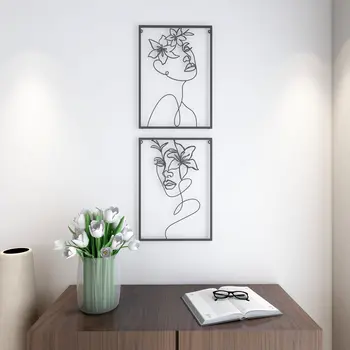 20" X 14" Black Metal Abstract Female Face Hanging Dimensional Sculpture