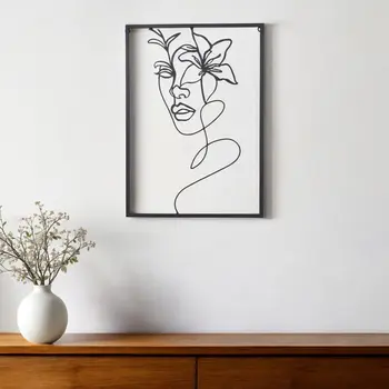 20" X 14" Black Metal Abstract Female Face Hanging Dimensional Sculpture