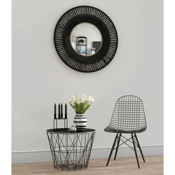 36" Black Metal Round Pierced Accent Mirror