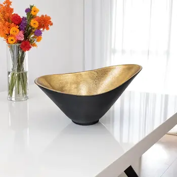 15" Black And Gold Aluminum Decorative Bowl