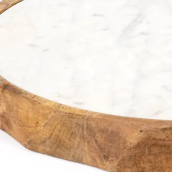 15" Brown And White Marble And Solid Wood Round Cheese Board