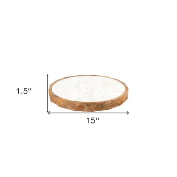 15" Brown And White Marble And Solid Wood Round Cheese Board