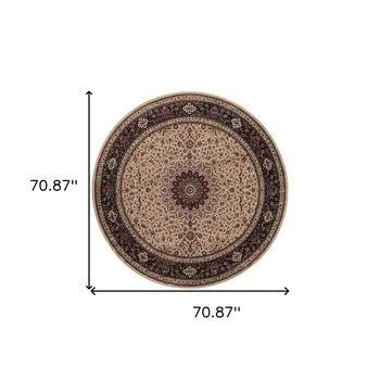 6' Ivory Black and Red Oriental Round Rug