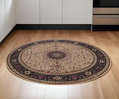 6' Ivory Black and Red Oriental Round Rug