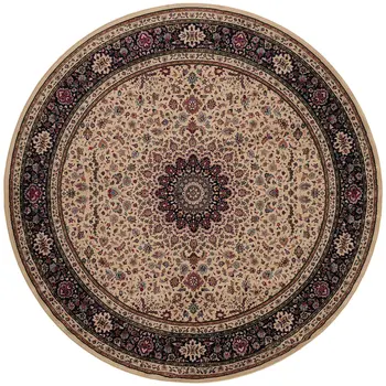 8' Ivory And Black Oriental Round Rug