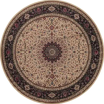 8' Ivory And Black Oriental Round Rug