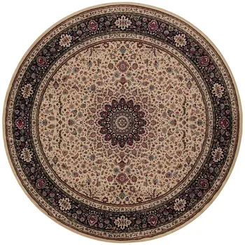 8' Ivory And Black Oriental Round Rug