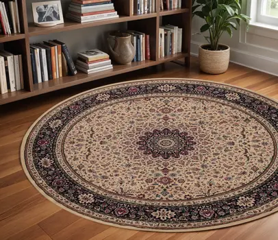 8' Ivory And Black Oriental Round Rug