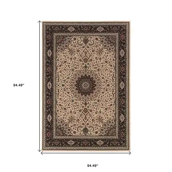 8' Ivory And Black Oriental Square Rug