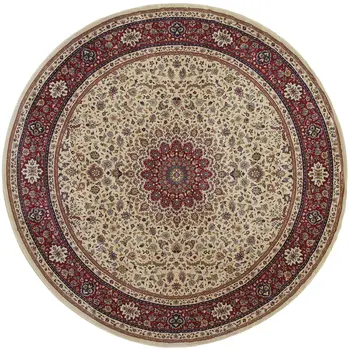 8' Ivory And Red Oriental Round Rug