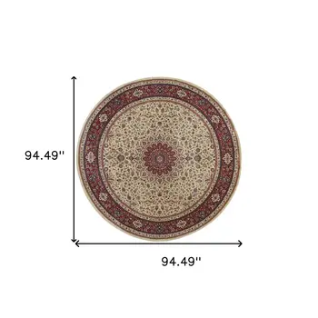 8' Ivory And Red Oriental Round Rug