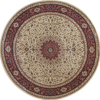 8' Ivory And Red Oriental Round Rug
