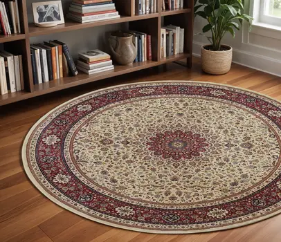 8' Ivory And Red Oriental Round Rug