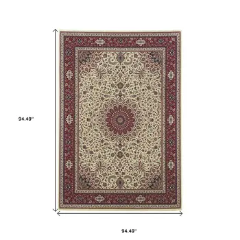 8' Ivory And Red Oriental Square Rug